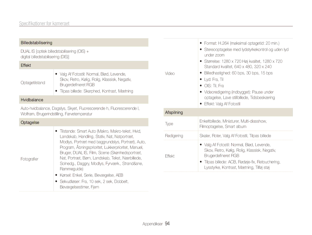 Samsung EC-WB1000BPSE2, EC-WB1000BPBE2, EC-WB100BBP/E2 manual Specifikationer for kameraet 