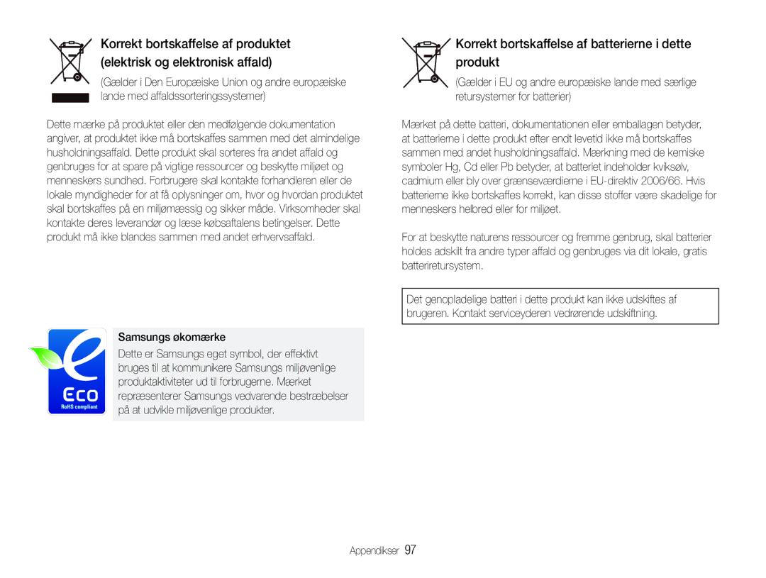 Samsung EC-WB1000BPSE2, EC-WB1000BPBE2 manual Korrekt bortskaffelse af batterierne i dette produkt, Samsungs økomærke 