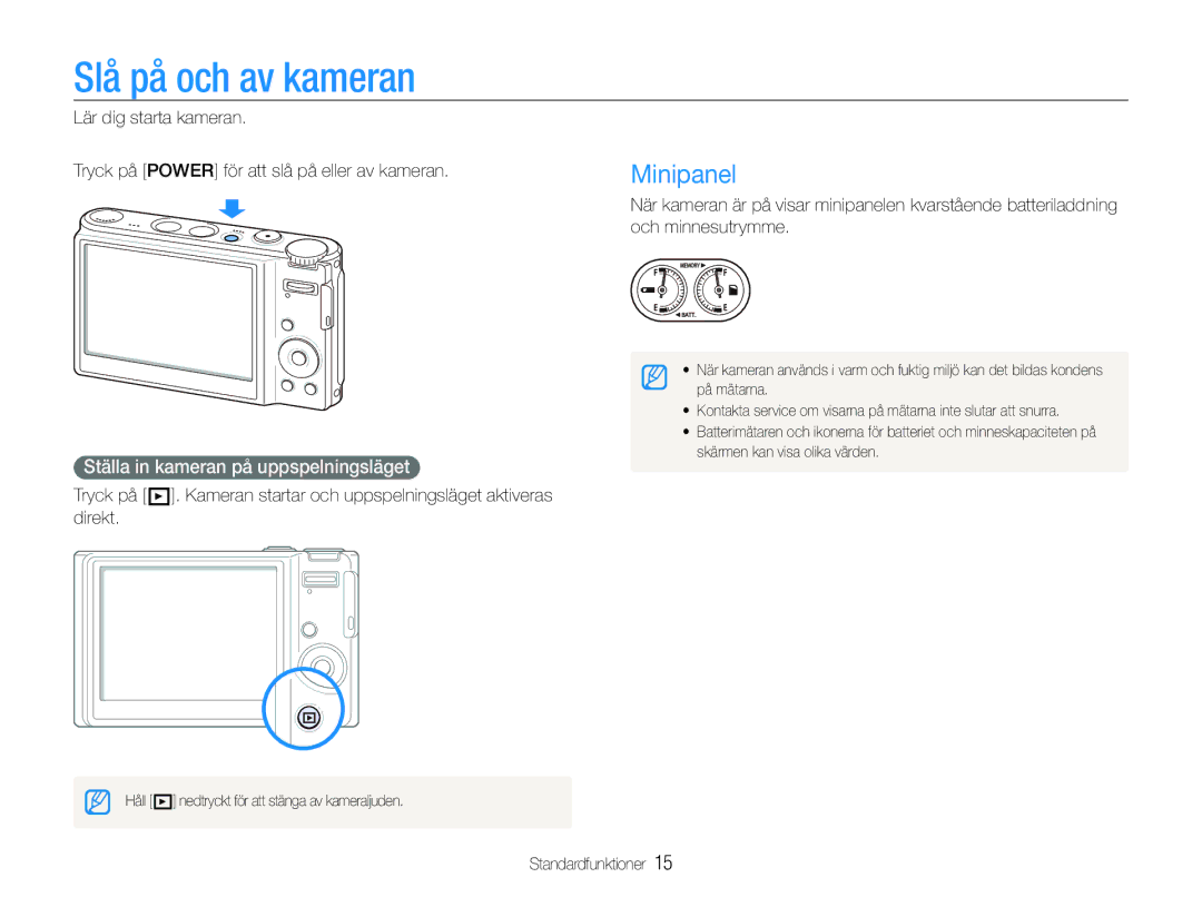 Samsung EC-WB100BBP/E2 manual Slå på och av kameran, Minipanel, Ställa in kameran på uppspelningsläget, Och minnesutrymme 