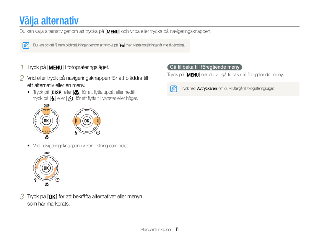 Samsung EC-WB1000BPSE2 manual Gå tillbaka till föregående meny, Tryck på m när du vill gå tillbaka till föregående meny 