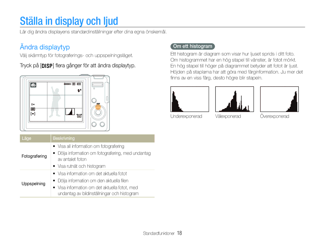 Samsung EC-WB100BBP/E2, EC-WB1000BPBE2 Tryck på D ﬂera gånger för att ändra displaytyp, Om ett histogram, Läge Beskrivning 