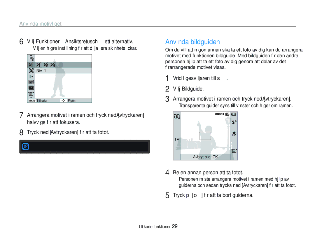 Samsung EC-WB1000BPBE2, EC-WB100BBP/E2 manual Använda bildguiden, Välj Funktioner “ Ansiktsretusch ““ett alternativ 