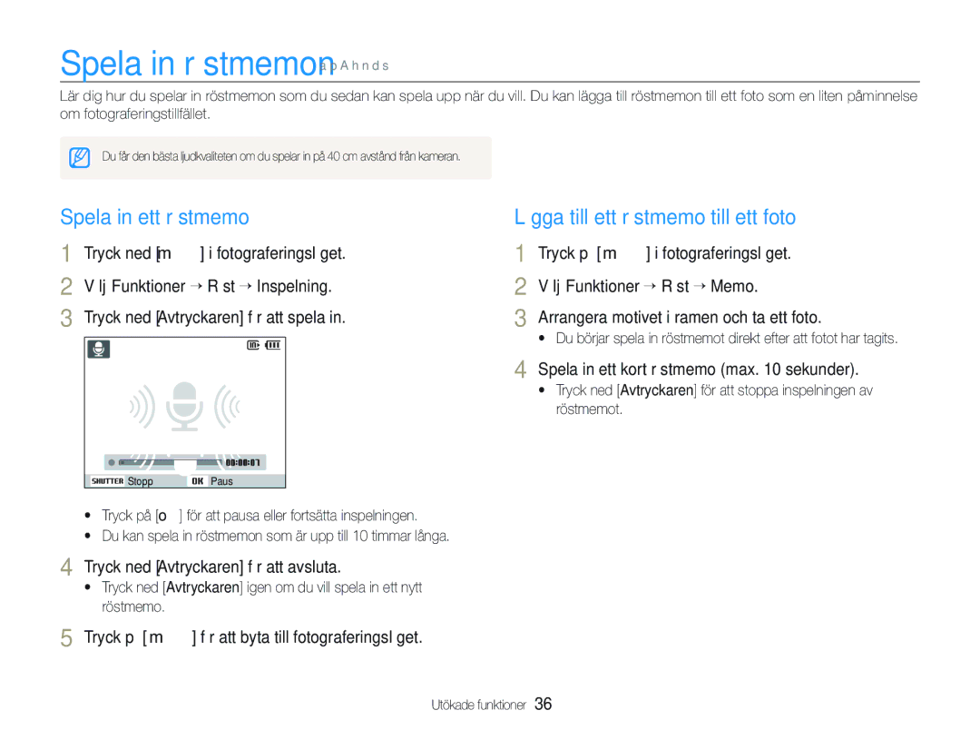 Samsung EC-WB100BBP/E2 Spela in röstmemon a p a h n d s, Spela in ett röstmemo, Lägga till ett röstmemo till ett foto 