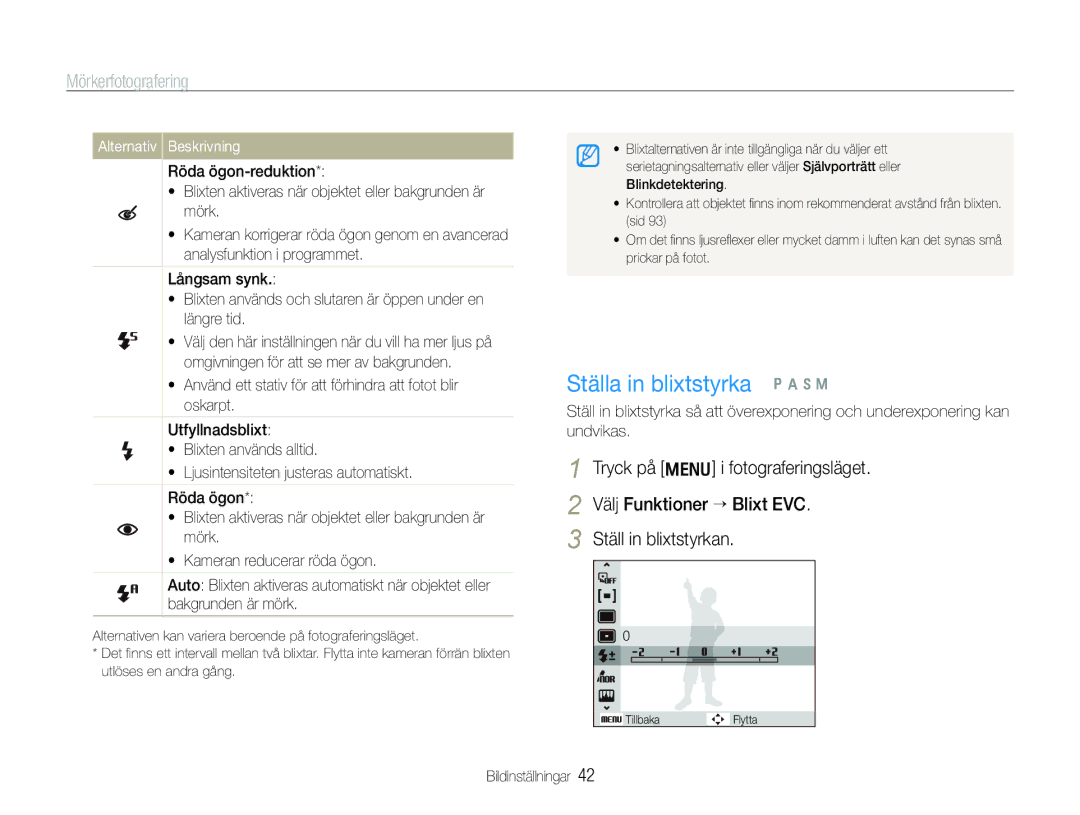 Samsung EC-WB100BBP/E2, EC-WB1000BPBE2, EC-WB1000BPSE2 manual Ställa in blixtstyrka p a h n, Mörkerfotografering 