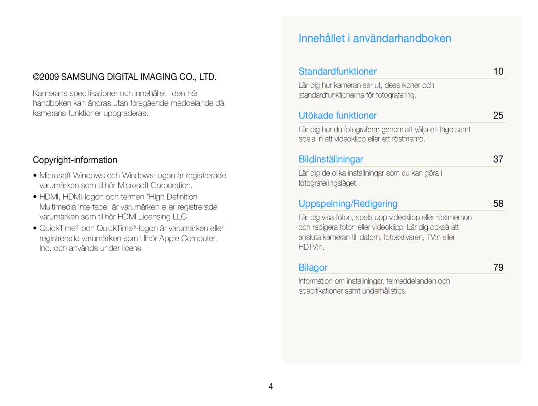 Samsung EC-WB1000BPSE2 Innehållet i användarhandboken, Copyright-information, Spela in ett videoklipp eller ett röstmemo 