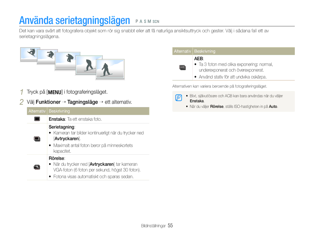 Samsung EC-WB1000BPSE2, EC-WB1000BPBE2 manual Använda serietagningslägen p a h n s,  Använd stativ för att undvika oskärpa 