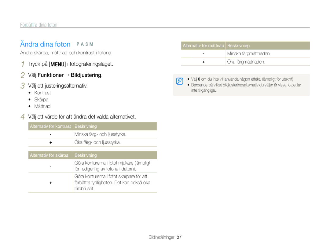 Samsung EC-WB100BBP/E2 Ändra dina foton p a h n, Förbättra dina foton, Välj ett värde för att ändra det valda alternativet 