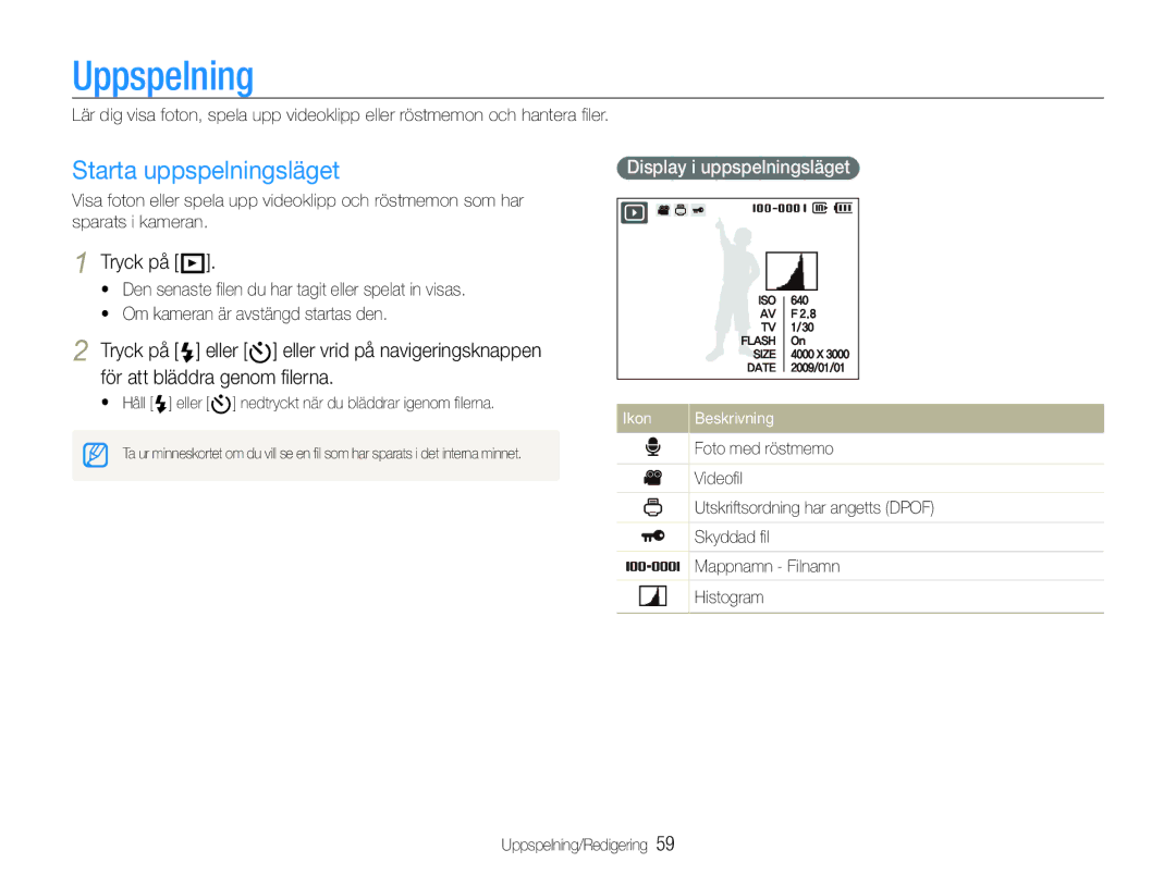 Samsung EC-WB1000BPBE2, EC-WB100BBP/E2 manual Uppspelning, Starta uppspelningsläget, Tryck på P, Display i uppspelningsläget 