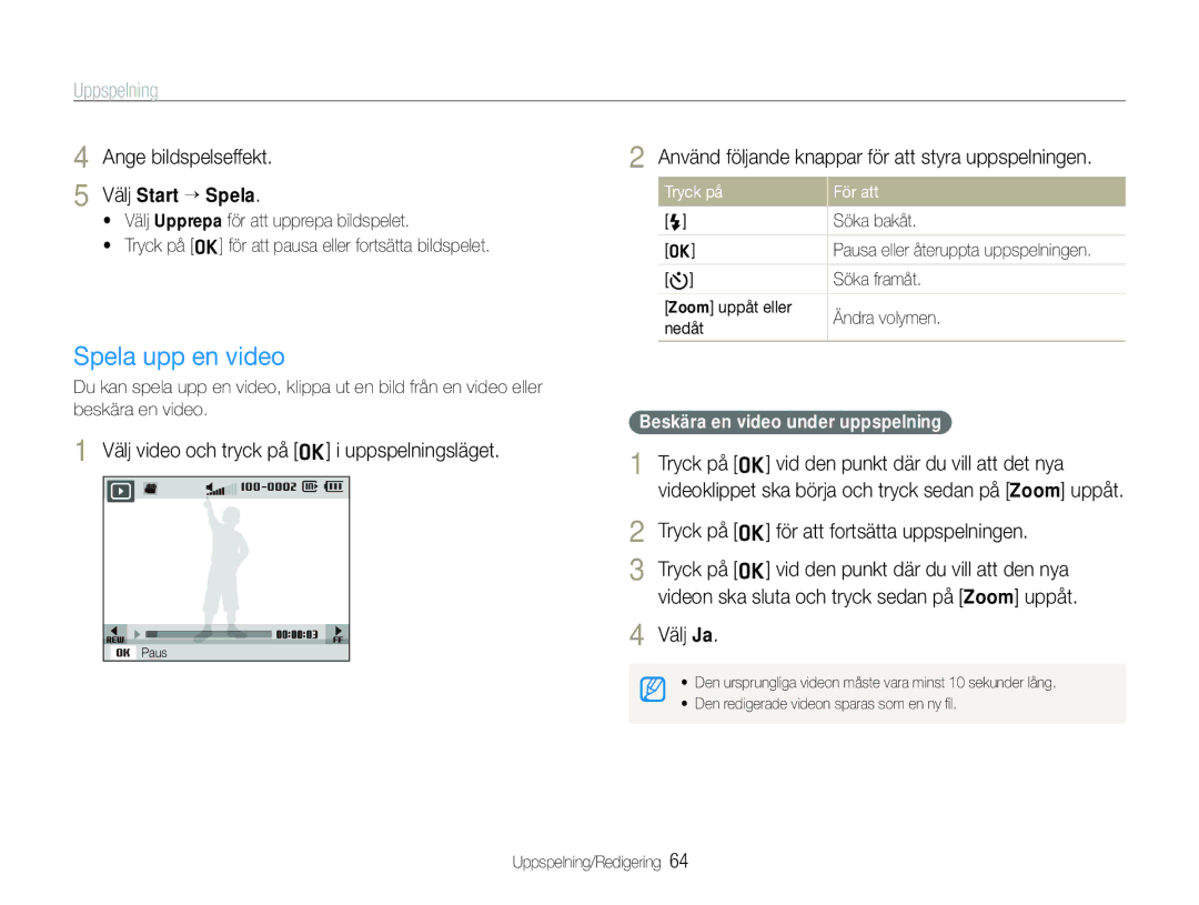 Samsung EC-WB1000BPSE2, EC-WB1000BPBE2, EC-WB100BBP/E2 manual Spela upp en video, Ange bildspelseffekt Välj Start ““Spela 