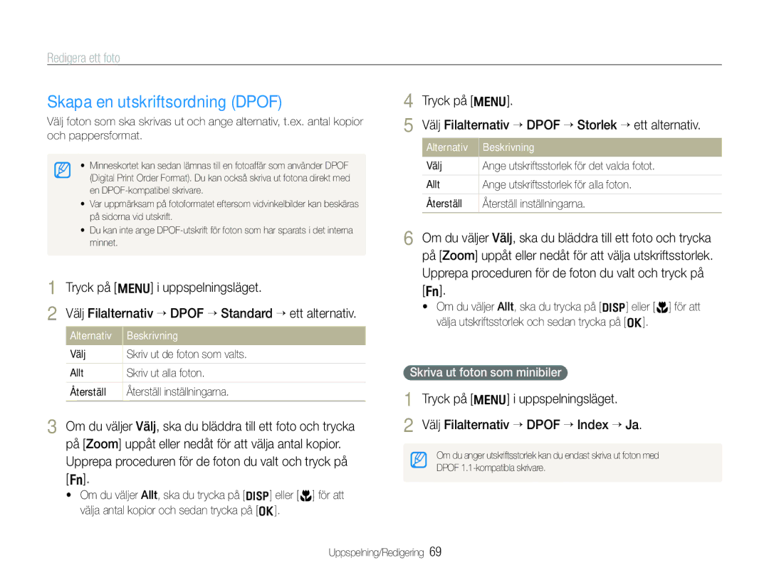 Samsung EC-WB100BBP/E2 manual Skapa en utskriftsordning Dpof, Upprepa proceduren för de foton du valt och tryck på f 