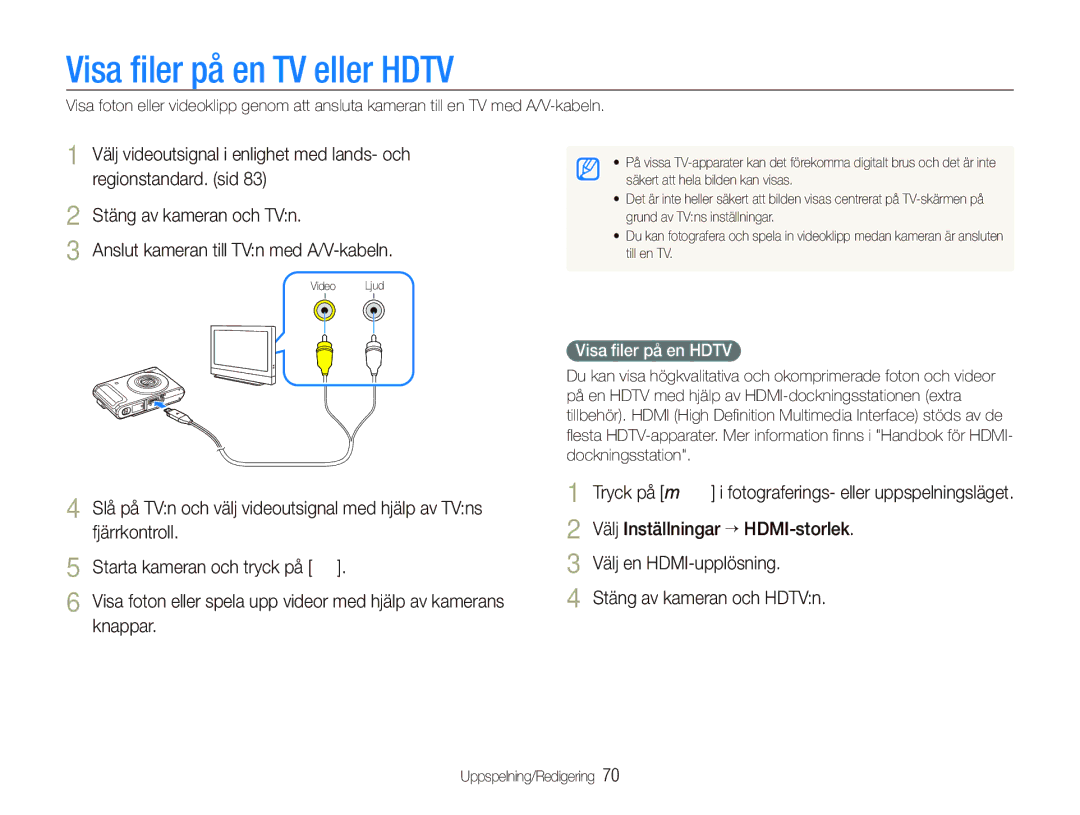 Samsung EC-WB1000BPSE2 manual Välj videoutsignal i enlighet med lands- och, Regionstandard. sid, Stäng av kameran och TVn 