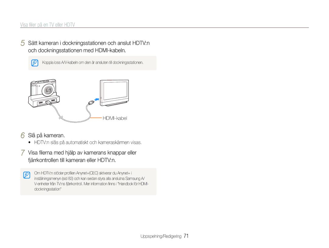 Samsung EC-WB1000BPBE2, EC-WB100BBP/E2, EC-WB1000BPSE2 manual Visa ﬁler på en TV eller Hdtv, Slå på kameran, HDMI-kabel 