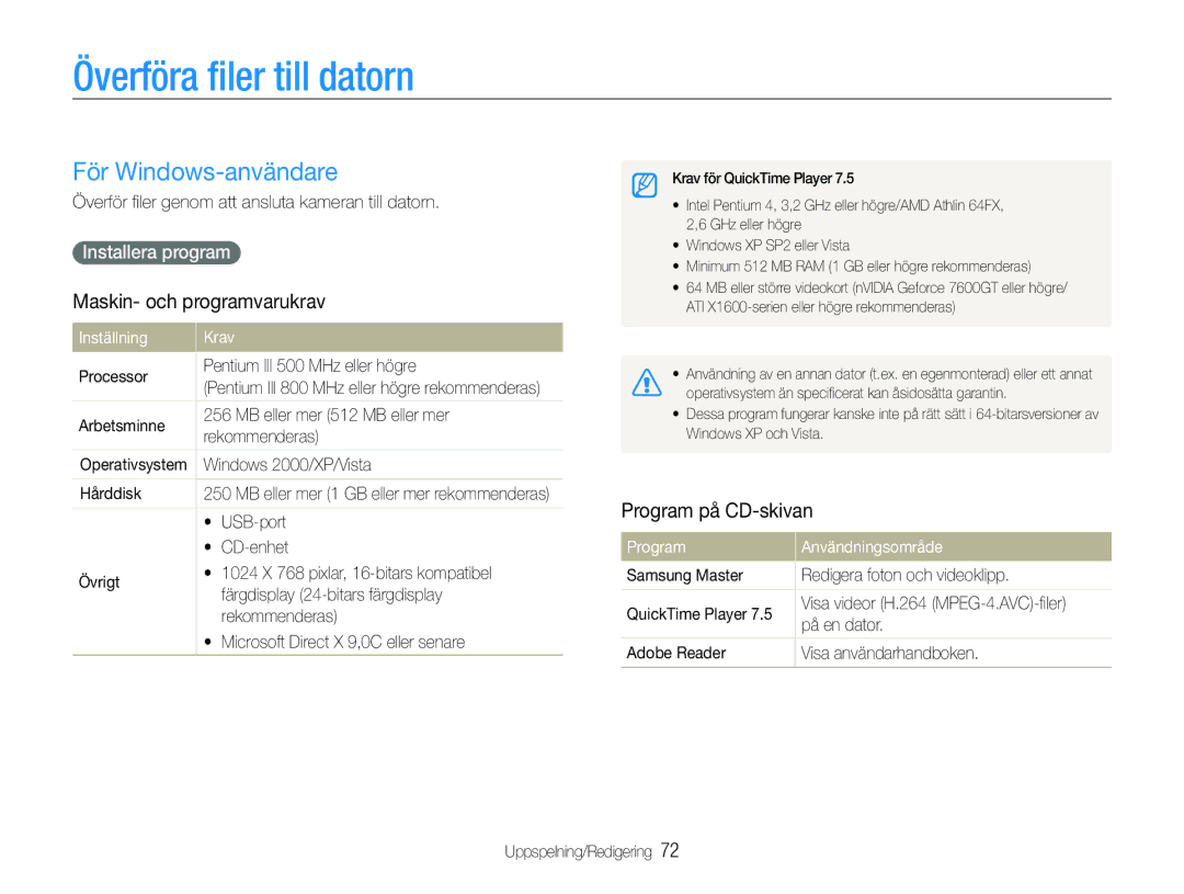 Samsung EC-WB100BBP/E2 Överföra ﬁler till datorn, För Windows-användare, Maskin- och programvarukrav, Program på CD-skivan 