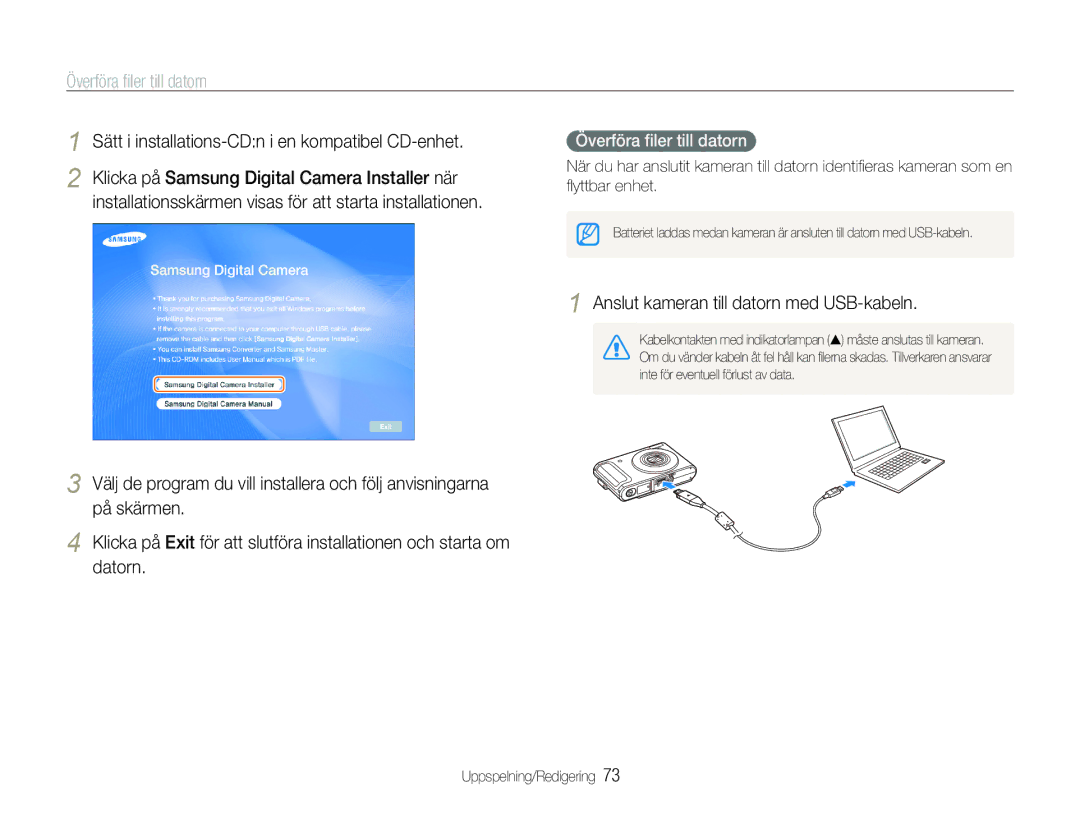 Samsung EC-WB1000BPSE2, EC-WB1000BPBE2 manual Överföra ﬁler till datorn, Sätt i installations-CDn i en kompatibel CD-enhet 