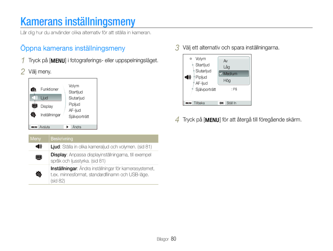 Samsung EC-WB1000BPBE2, EC-WB100BBP/E2 manual Kamerans inställningsmeny, Öppna kamerans inställningsmeny, Meny Beskrivning 