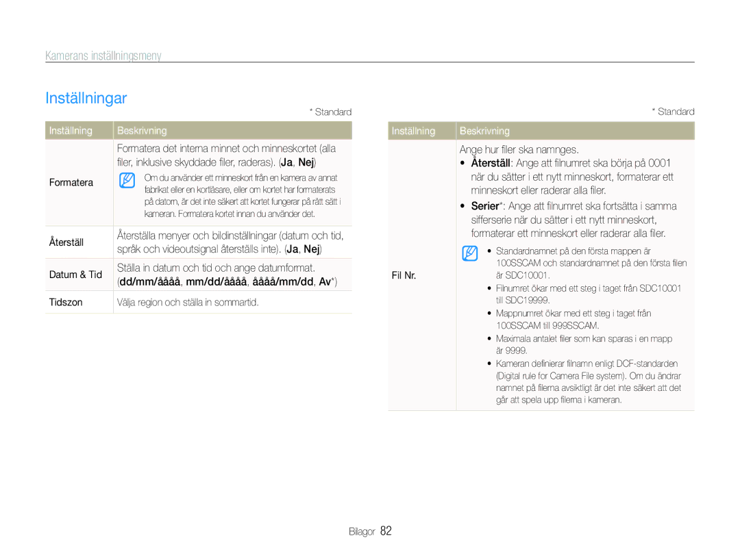 Samsung EC-WB1000BPSE2, EC-WB1000BPBE2, EC-WB100BBP/E2 manual Inställningar 