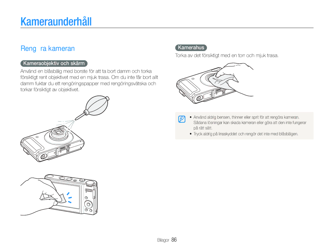 Samsung EC-WB1000BPBE2, EC-WB100BBP/E2 manual Kameraunderhåll, Rengöra kameran, Kameraobjektiv och skärm, Kamerahus 