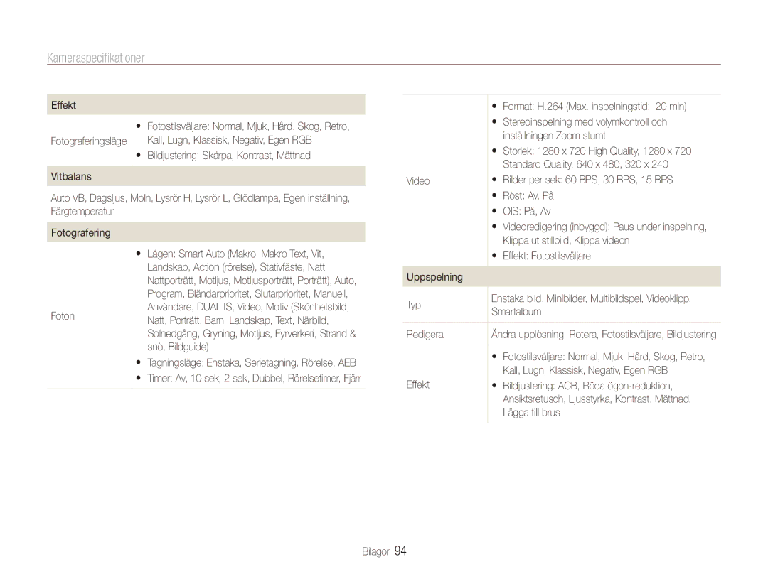 Samsung EC-WB1000BPSE2, EC-WB1000BPBE2, EC-WB100BBP/E2 manual Kameraspecifikationer 