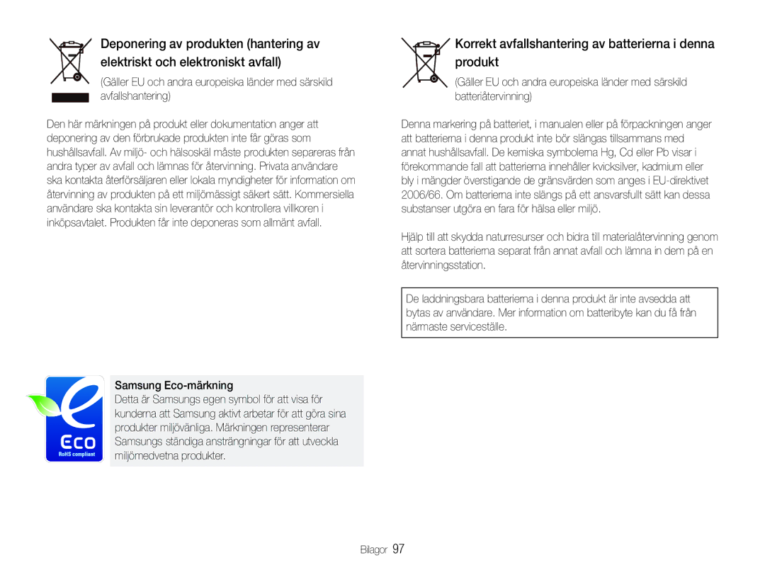 Samsung EC-WB1000BPSE2, EC-WB1000BPBE2 manual Korrekt avfallshantering av batterierna i denna produkt, Samsung Eco-märkning 