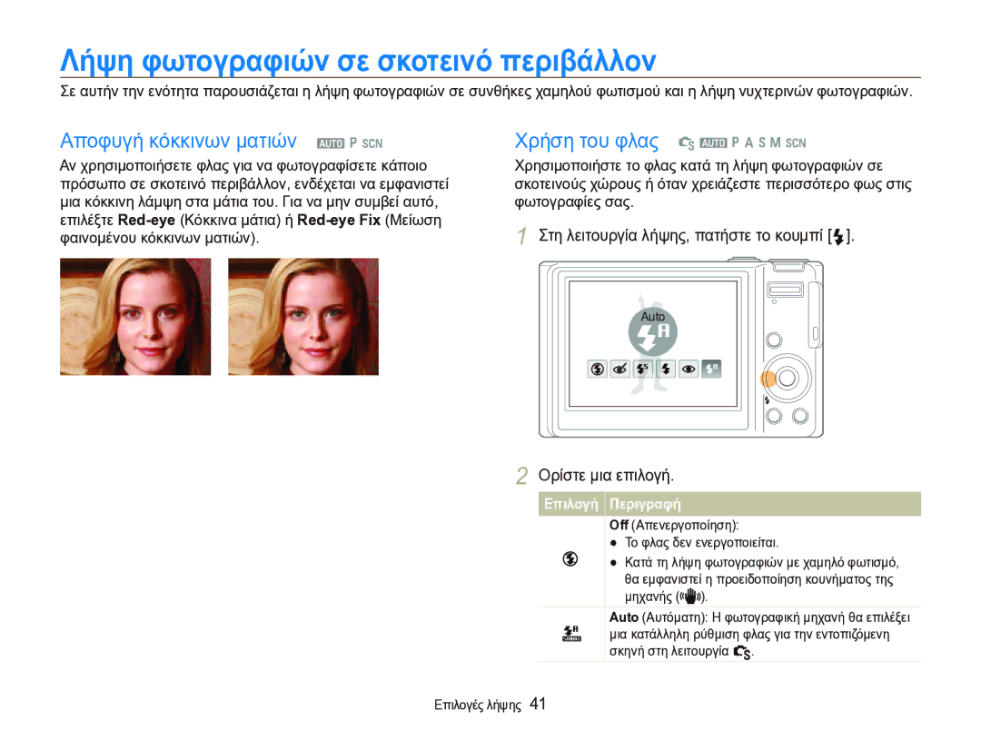 Samsung EC-WB1000BPBE3 manual Λήψη φωτογραφιών σε σκοτεινό περιβάλλον, Αποφυγή κόκκινων ματιών a p s, Auto 