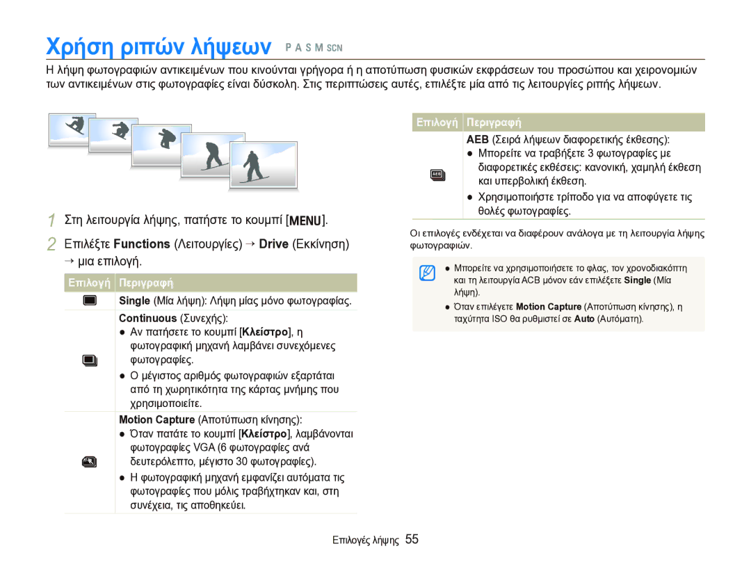 Samsung EC-WB1000BPBE3 manual Χρήση ριπών λήψεων p a h n s, Επιλέξτε Functions Λειτουργίες ““Drive Εκκίνηση, “ μια επιλογή 