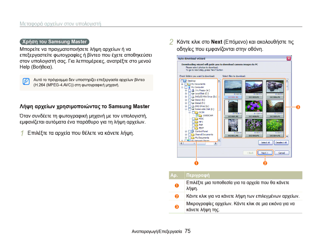 Samsung EC-WB1000BPBE3 manual Επιλέξτε τα αρχεία που θέλετε να κάνετε λήψη, Χρήση του Samsung Master, Αρ. Περιγραφή 