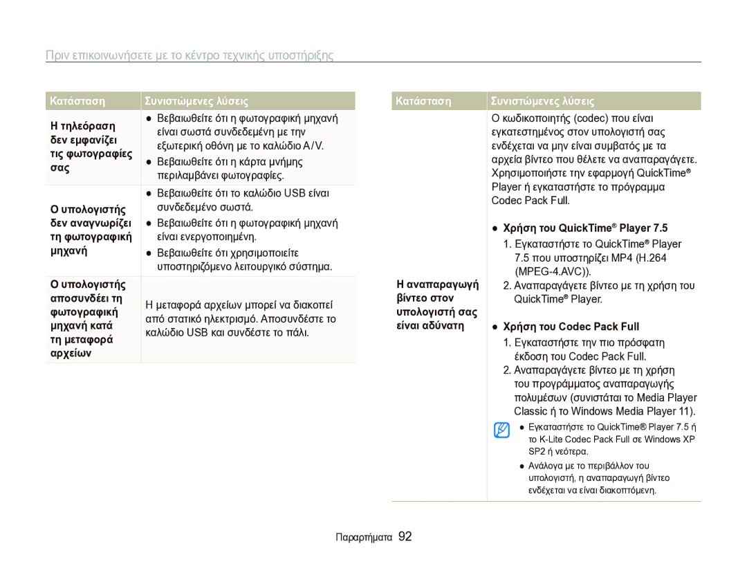 Samsung EC-WB1000BPBE3 manual Κατάσταση, Χρήση του QuickTime Player, Χρήση του Codec Pack Full 