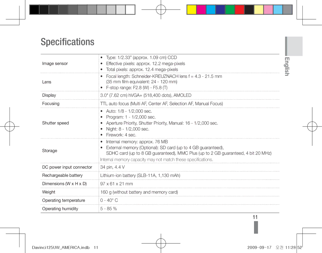 Samsung EC-WB100SBP/ME, EC-WB1000BPBFR manual Specifications, Image sensor Lens Display Focusing Shutter speed Storage 