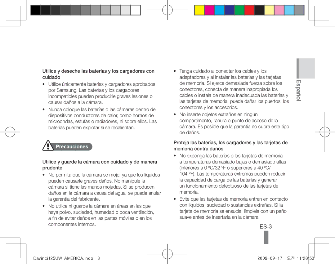 Samsung EC-WB1000BPBME, EC-WB1000BPBFR, EC-WB100BBP/FR, EC-WB1000BPBE1, EC-WB1000BPSFR, EC-WB100SBP/FR manual ES-3, Precauciones 