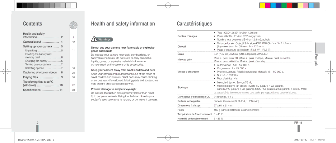 Samsung EC-WB1000BPBE1, EC-WB1000BPBFR, EC-WB100BBP/FR manual Contents, Health and safety information, Caractéristiques 