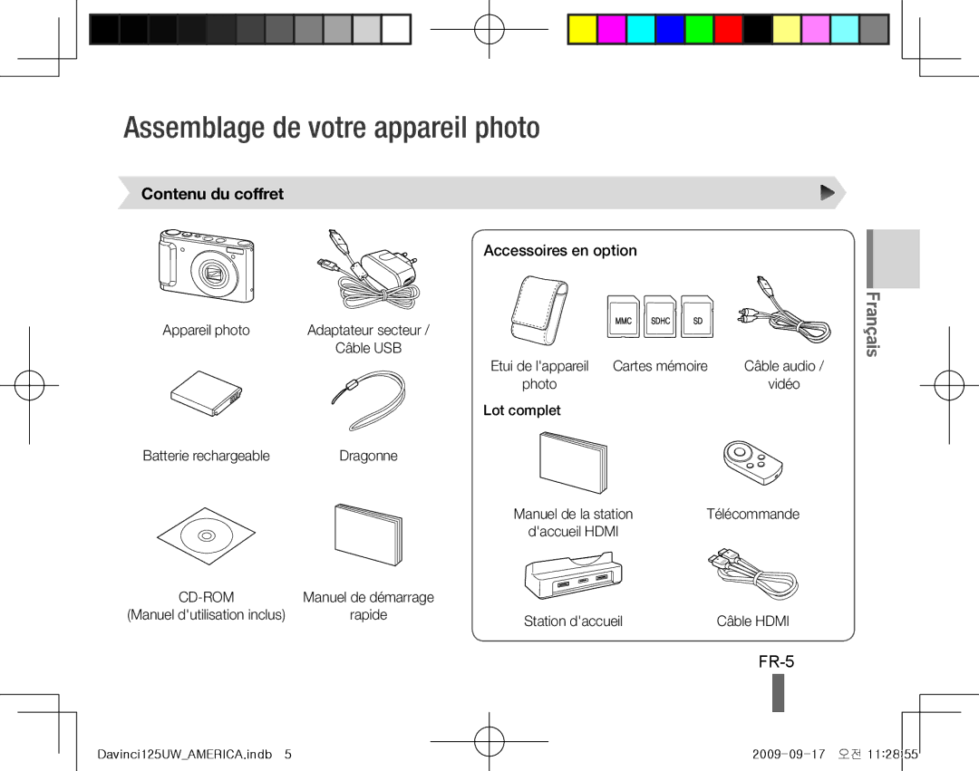 Samsung EC-WB100SBP/E3, EC-WB1000BPBFR Assemblage de votre appareil photo, FR-5, Contenu du coffret, Accessoires en option 