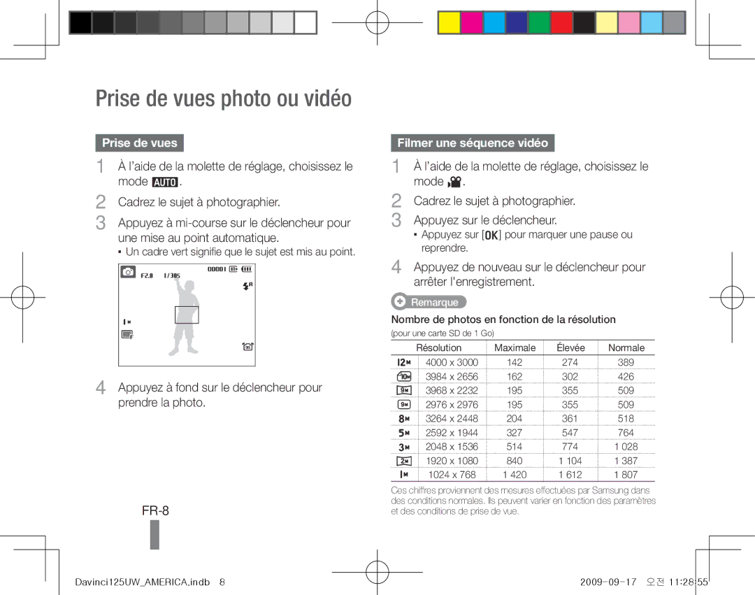 Samsung EC-WB1000BPBE1, EC-WB1000BPBFR, EC-WB100BBP/FR manual Prise de vues photo ou vidéo, FR-8, Filmer une séquence vidéo 