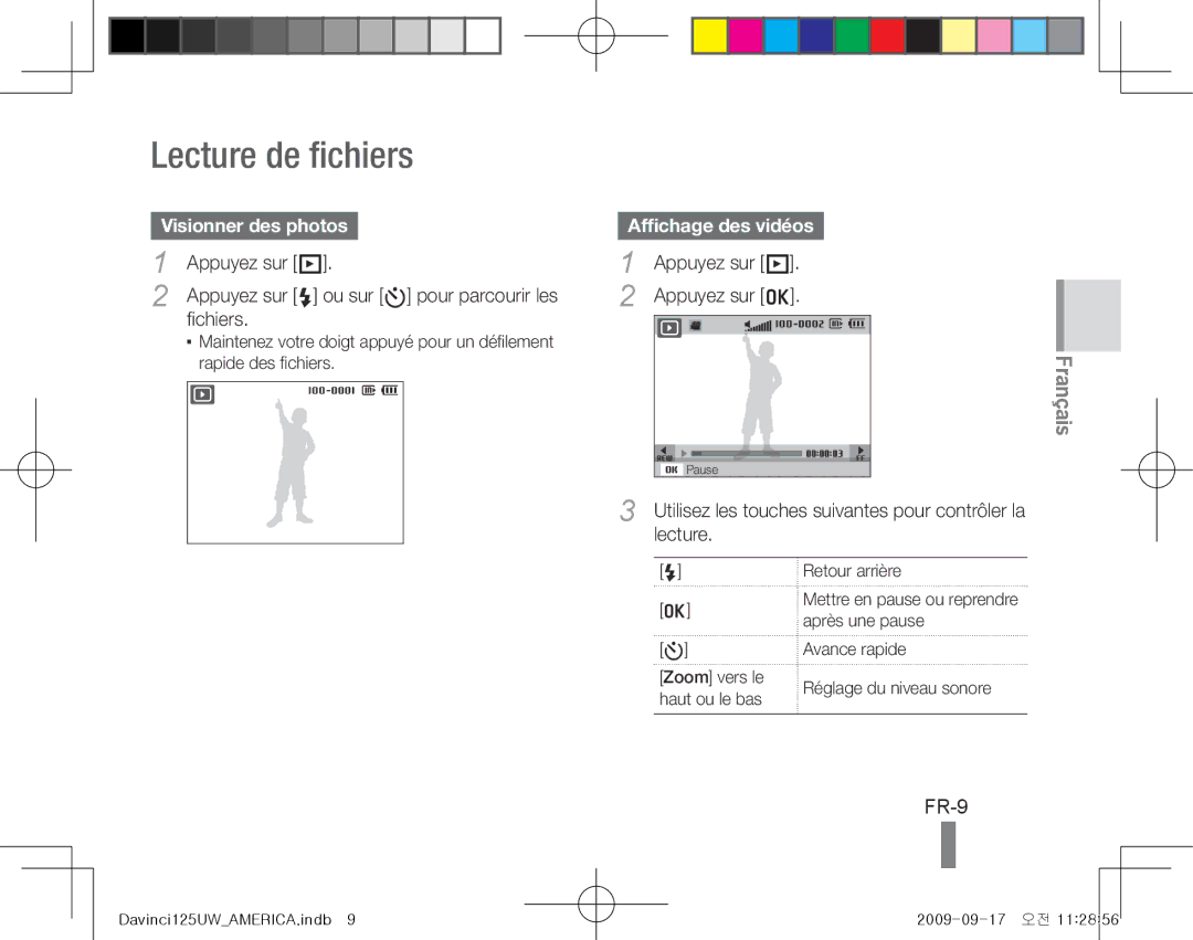 Samsung EC-WB1000BPSFR, EC-WB1000BPBFR manual Lecture de fichiers, FR-9, Visionner des photos, Affichage des vidéos 