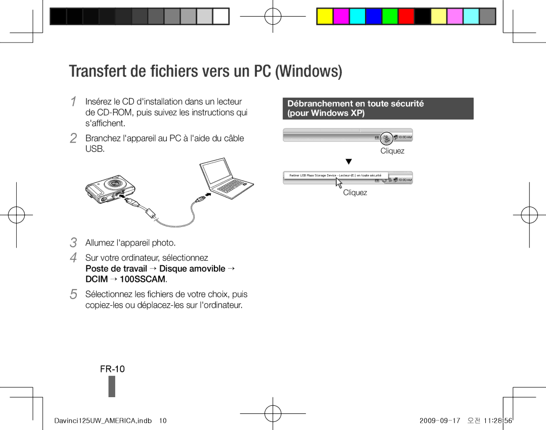 Samsung EC-WB100SBP/FR Transfert de fichiers vers un PC Windows, FR-10, Débranchement en toute sécurité, Pour Windows XP 