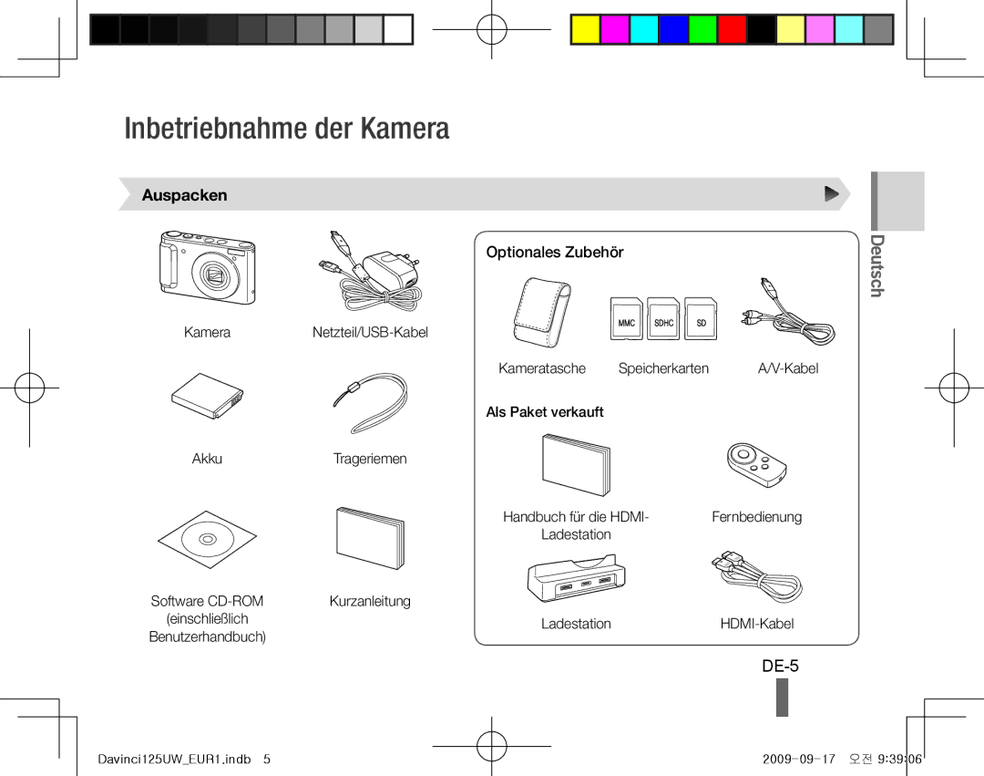 Samsung EC-WB1000BPSME, EC-WB1000BPBFR manual Inbetriebnahme der Kamera, DE-5, Auspacken, Optionales Zubehör, Kurzanleitung 