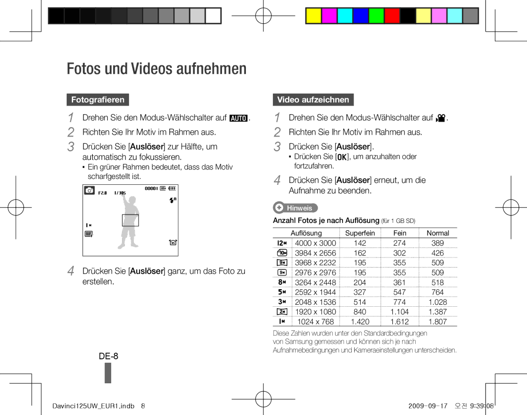 Samsung EC-WB1000BPBE2, EC-WB1000BPBFR, EC-WB100BBP/FR, EC-WB1000BPBE1, EC-WB1000BPSFR DE-8, Fotografieren, Video aufzeichnen 