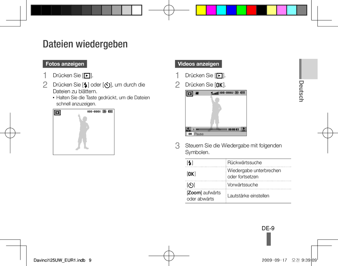 Samsung EC-WB100BBP/E2, EC-WB1000BPBFR manual Dateien wiedergeben, DE-9, Fotos anzeigen, Drücken Sie P, Videos anzeigen 