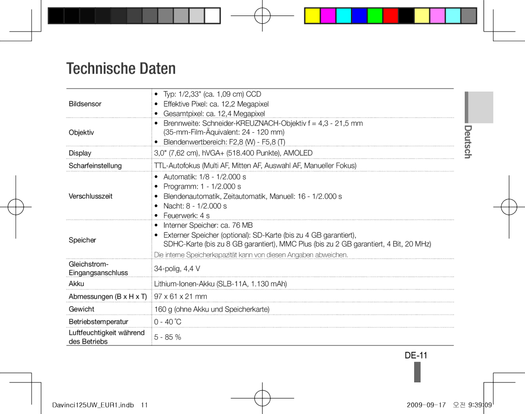 Samsung EC-WB100SBP/RU, EC-WB1000BPBFR, EC-WB100BBP/FR, EC-WB1000BPBE1, EC-WB1000BPSFR manual Technische Daten, DE-11, Akku 