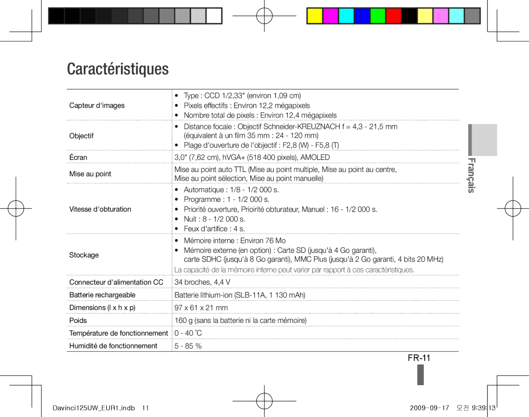 Samsung EC-WB100SBP/IT, EC-WB1000BPBFR manual Caractéristiques, FR-11, Type CCD 1/2,33 environ 1,09 cm, Broches, 4,4 