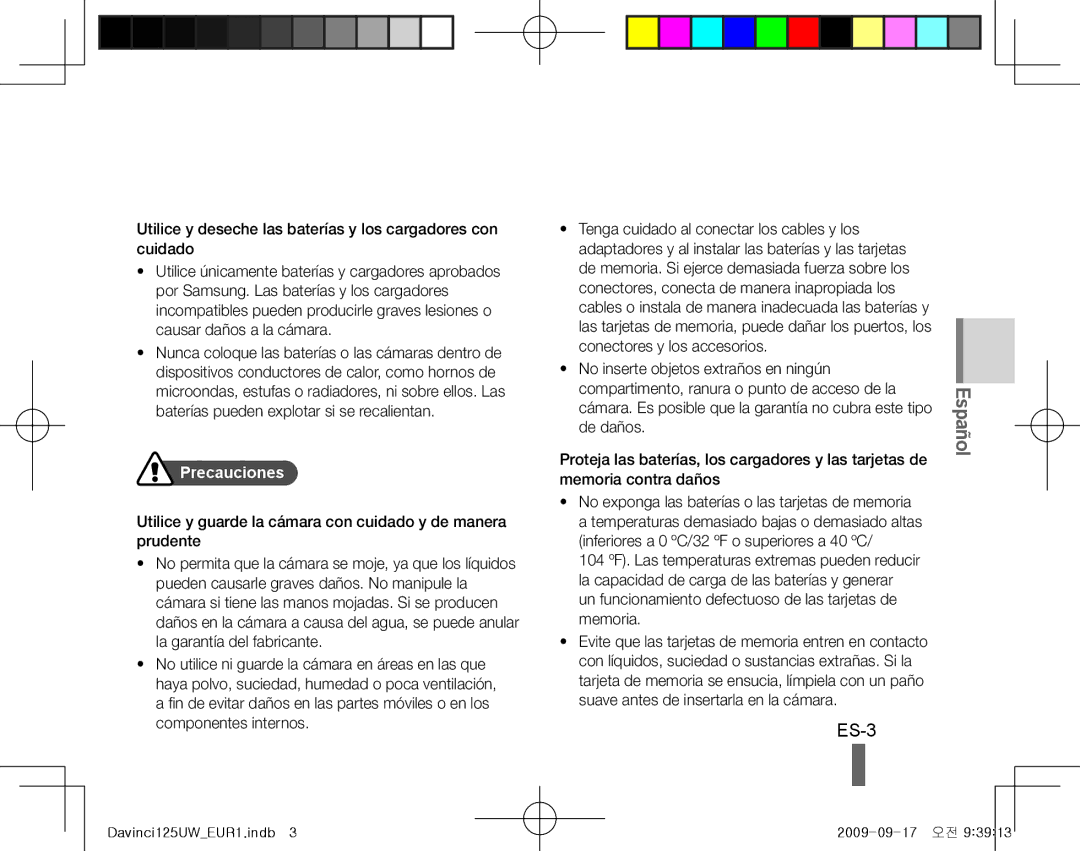 Samsung EC-WB100BBP/IT, EC-WB1000BPBFR, EC-WB100BBP/FR, EC-WB1000BPBE1, EC-WB1000BPSFR, EC-WB100SBP/FR manual ES-3, Precauciones 