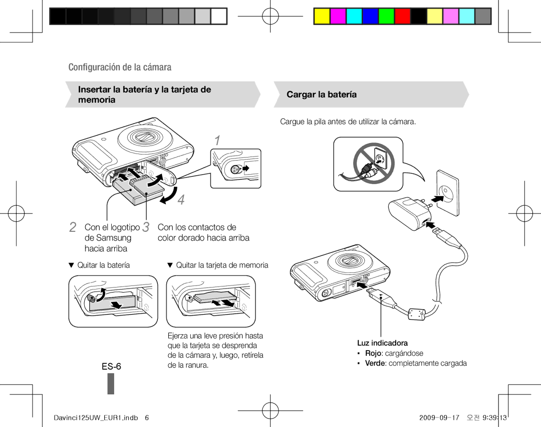 Samsung EC-WB100SBP/E1 ES-6, Insertar la batería y la tarjeta de memoria, Con el logotipo Con los contactos de De Samsung 