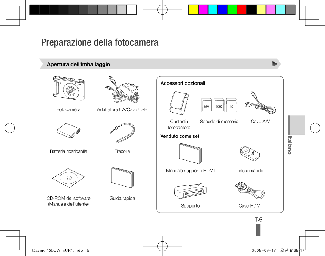 Samsung EC-WB100BBP/E2, EC-WB1000BPBFR Preparazione della fotocamera, IT-5, Apertura dellimballaggio, Accessori opzionali 