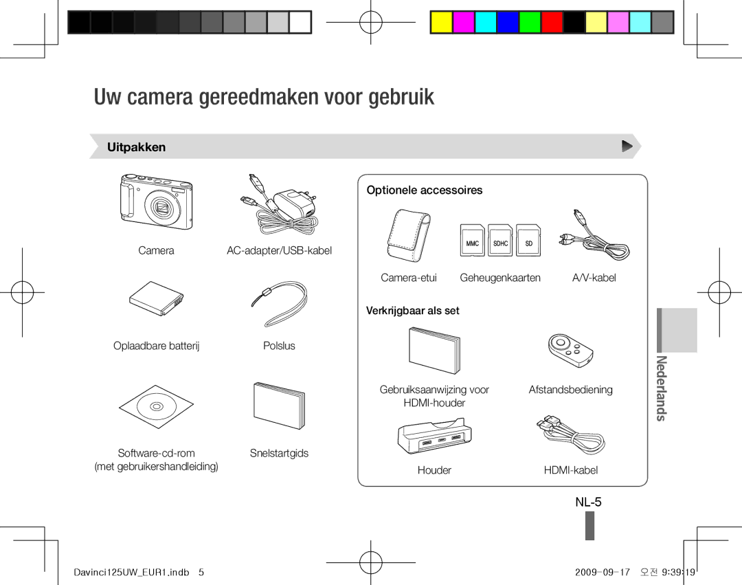 Samsung EC-WB1000BPSFR, EC-WB1000BPBFR manual Uw camera gereedmaken voor gebruik, NL-5, Uitpakken, Optionele accessoires 