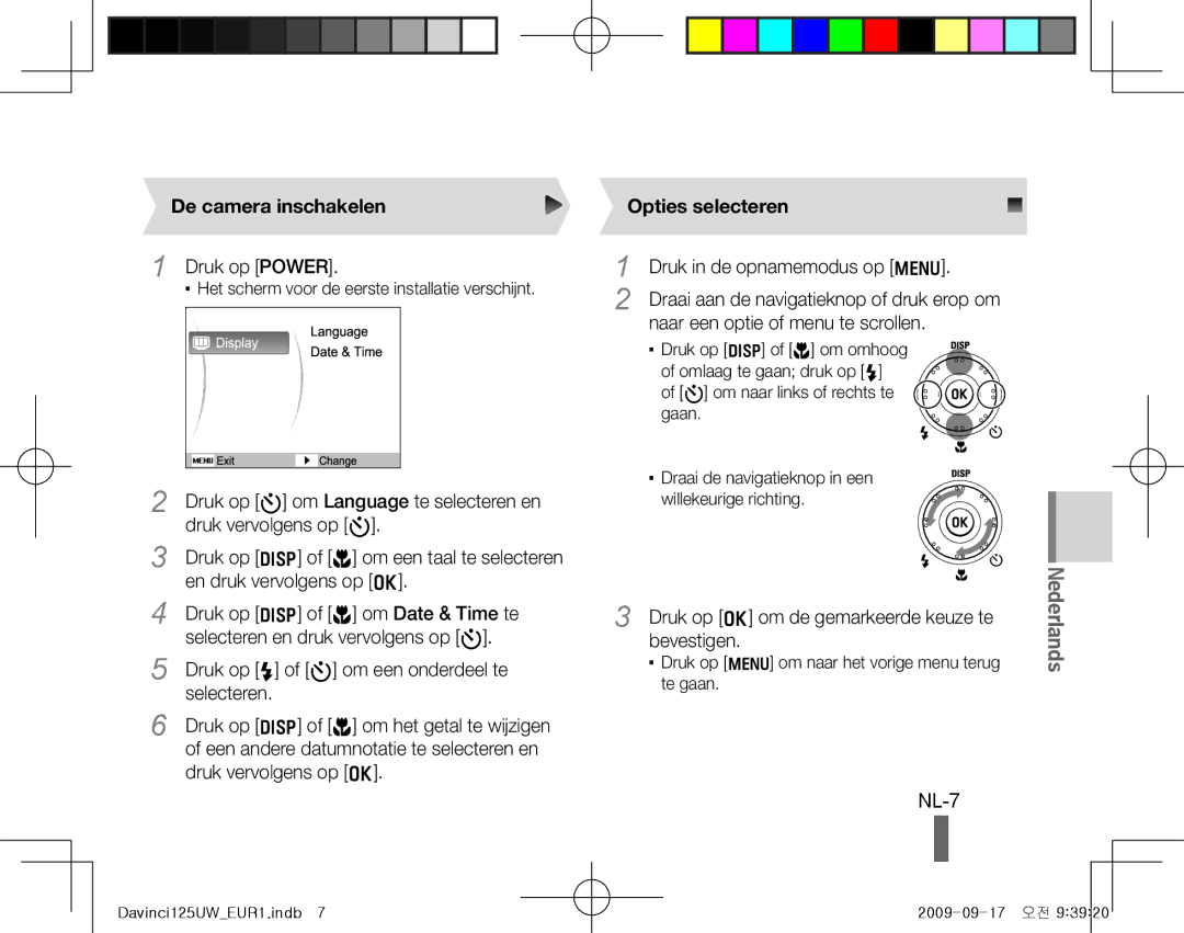 Samsung EC-WB100SBP/IT, EC-WB1000BPBFR manual NL-7, De camera inschakelen, Opties selecteren, Druk in de opnamemodus op m 