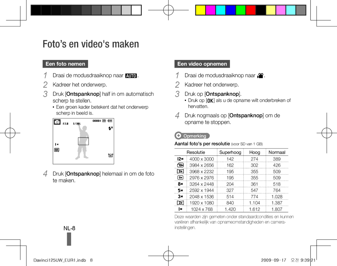 Samsung EC-WB1000BPSIT, EC-WB1000BPBFR, EC-WB100BBP/FR manual Foto’s en videos maken, NL-8, Een foto nemen, Een video opnemen 