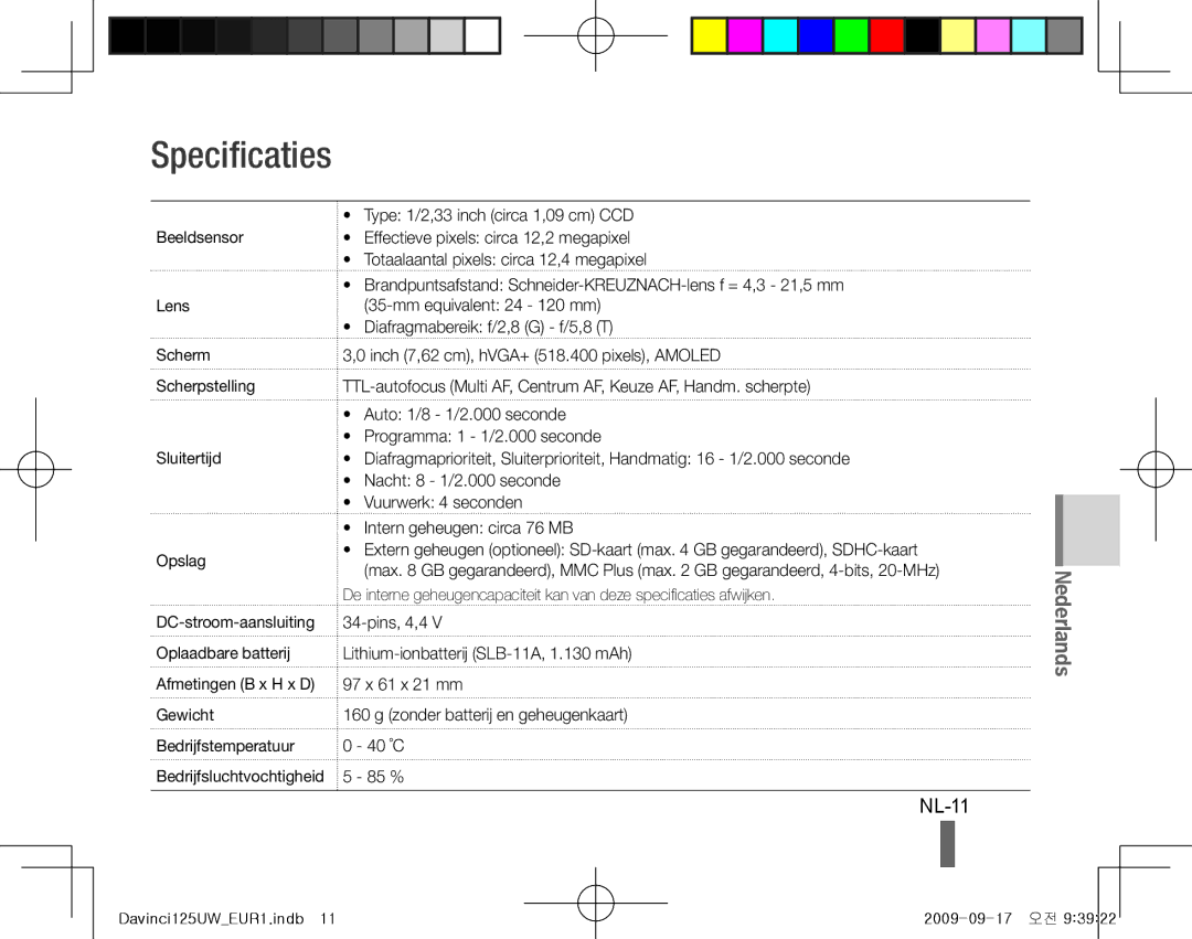 Samsung EC-WB100BBP/E1, EC-WB1000BPBFR Specificaties, NL-11, Beeldsensor Lens Scherm Scherpstelling Sluitertijd Opslag 