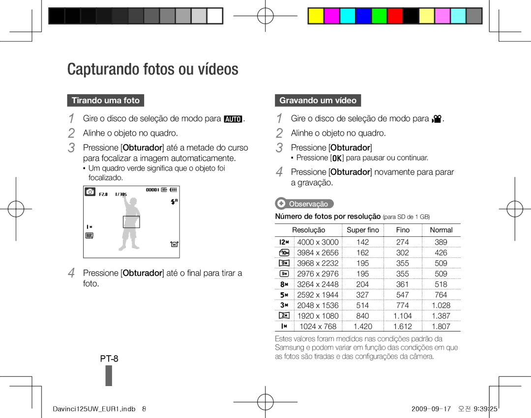 Samsung EC-WB1000BPSE3, EC-WB1000BPBFR manual Capturando fotos ou vídeos, PT-8, Tirando uma foto, Gravando um vídeo 