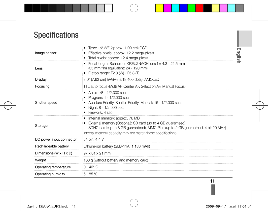 Samsung EC-WB100SBP/ME, EC-WB1000BPBFR manual Specifications, Image sensor Lens Display Focusing Shutter speed Storage 