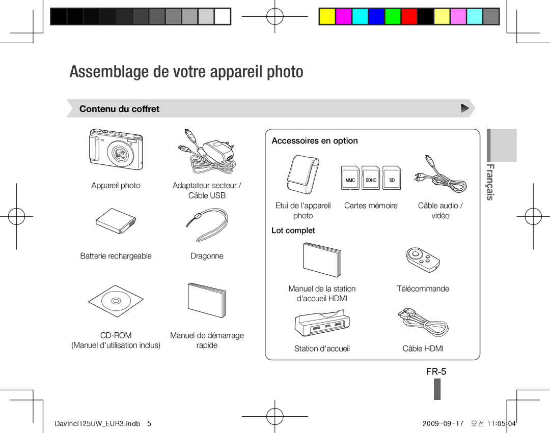 Samsung EC-WB100SBP/E3, EC-WB1000BPBFR Assemblage de votre appareil photo, FR-5, Contenu du coffret, Accessoires en option 