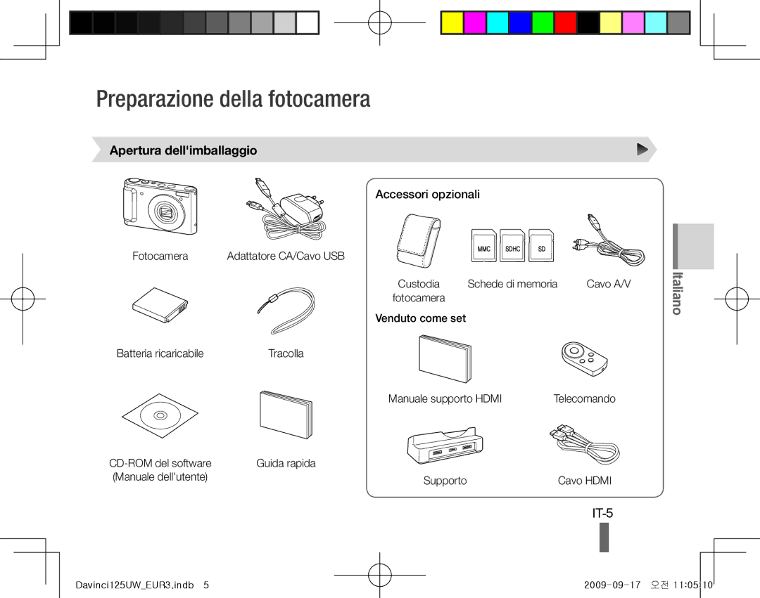 Samsung EC-WB100BBP/E1 manual Preparazione della fotocamera, IT-5, Italiano, Apertura dellimballaggio, Accessori opzionali 